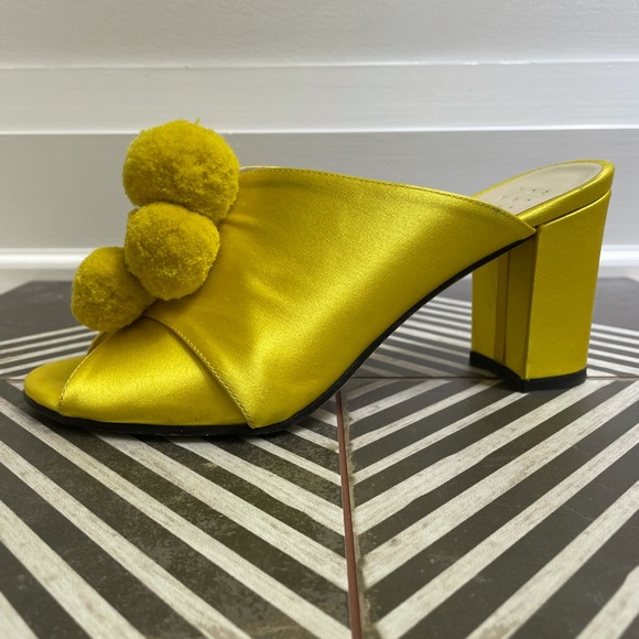 Trademark Yellow Satin Pom Pom Mules - Picture 1 of 7
